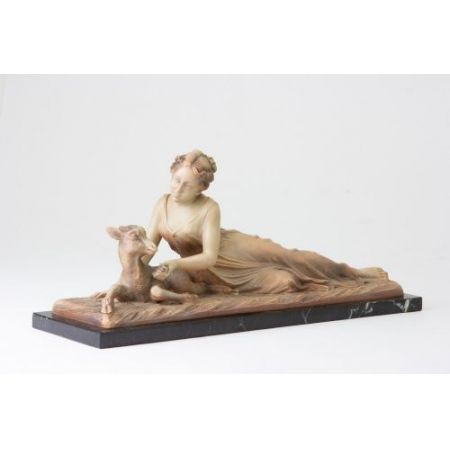 Antike Englische Terrakotta Figur Frau mit Hirsch ca. 19. JH.