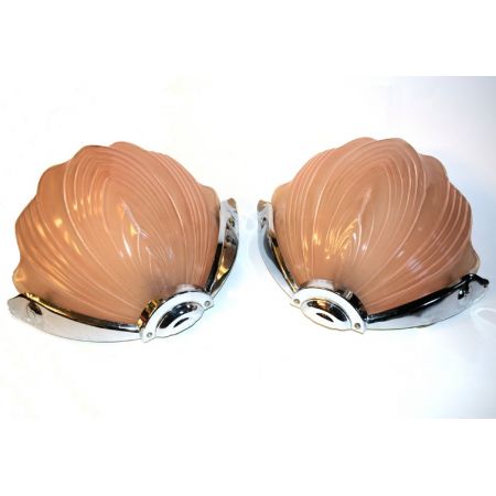 Antikes Englisches Art Deco Paar Chrom Glas Wandleuchten ca. 1930