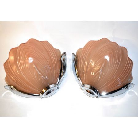 Antikes Englisches Art Deco Paar Chrom Glas Wandleuchten ca. 1930