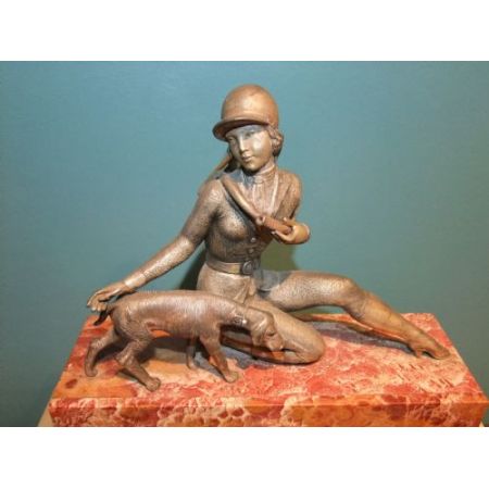 Art Deco Kaminuhr Marmor Bronzefiguren "Lady und Jagdhund" französisch antik 1930