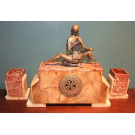 Art Deco Kaminuhr Marmor Bronzefiguren "Lady und Jagdhund" französisch antik 1930