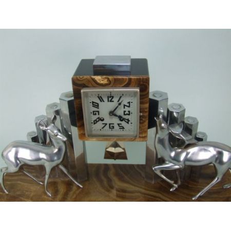 Französische Art Deco Onyx Kaminuhr Bronzefiguren original antik ca 1930