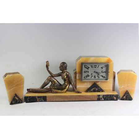 Antike französische Art Deco Uhr Marmor Bronze Figur Chiparus ca 1920