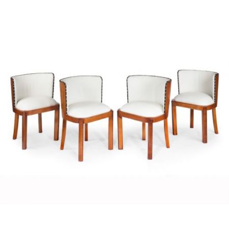 4 Art Deco Antike Englische Nussbaum Leder Esszimmerstühle ca. 1930