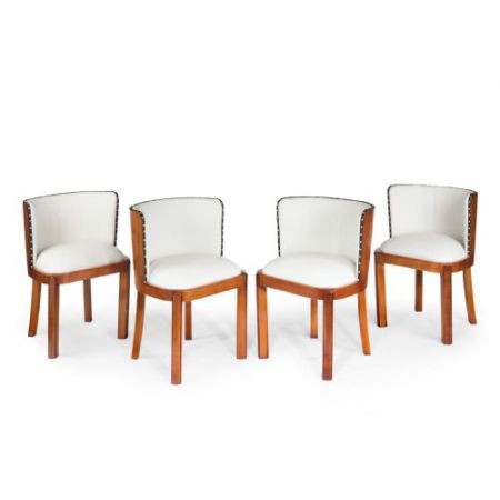 4 Art Deco Antike Englische Nussbaum Leder Esszimmerstühle ca. 1930