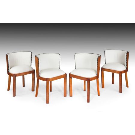 4 Art Deco Antike Englische Nussbaum Leder Esszimmerstühle ca. 1930