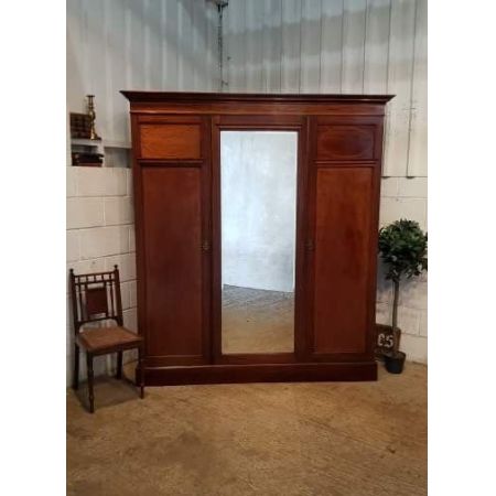 Edwardianischer Antiker Englischer Mahagoni Intarsien Kleiderschrank ca. 1900