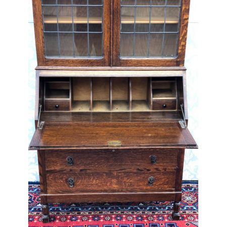 Antiker britischer Eichen Aufsatzsekretär Bureau Bookcase ca 1920