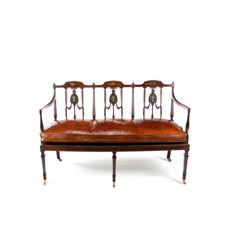 Edwardianische antike Mahagoni Sitzbank Echtleder Lederbank britisch ca 1890