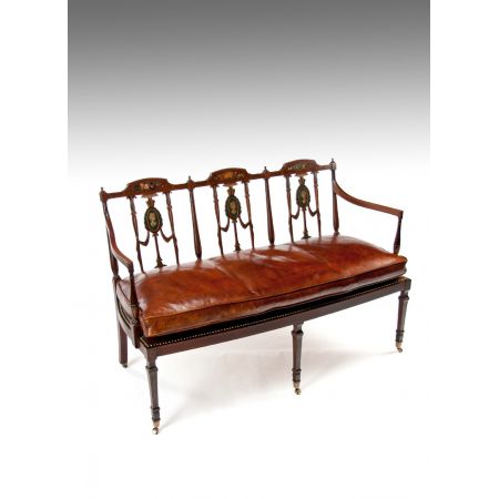 Edwardianische antike Mahagoni Sitzbank Echtleder Lederbank britisch ca 1890