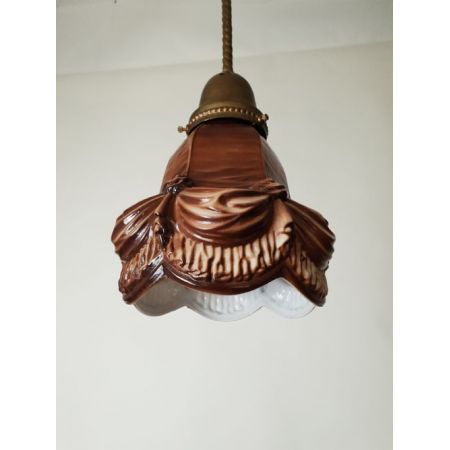 Antike niederländische Deckenlampe Keramik Deckenleuchte vergoldet ca 1910