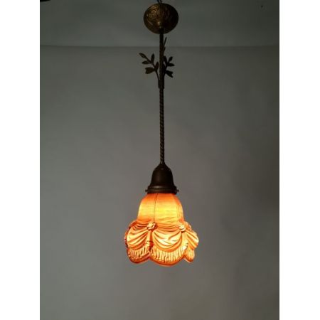 Antike niederländische Deckenlampe Keramik Deckenleuchte vergoldet ca 1910