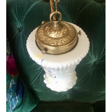 Edwardianische antike Deckenlampe Emaille Deckenleuchte Opal ca 1910