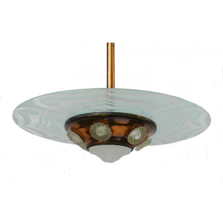 Antike französische Art Deco Kupfer Deckenlampe Ezan Glas Ufo ca 1930