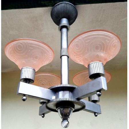 Antike französische Chrom Glas Deckenleuchte modernistisch ca 1930