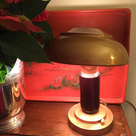 Antike britische Art Deco Tischlampe Toleware Makassarholz ca 1930