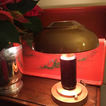 Antike britische Art Deco Tischlampe Toleware Makassarholz ca 1930