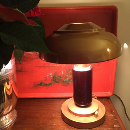 Antike britische Art Deco Tischlampe Toleware Makassarholz ca 1930