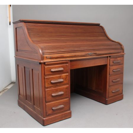 Antiker britischer Nussbaum Schreibtisch Rolltop Desk ca 1910