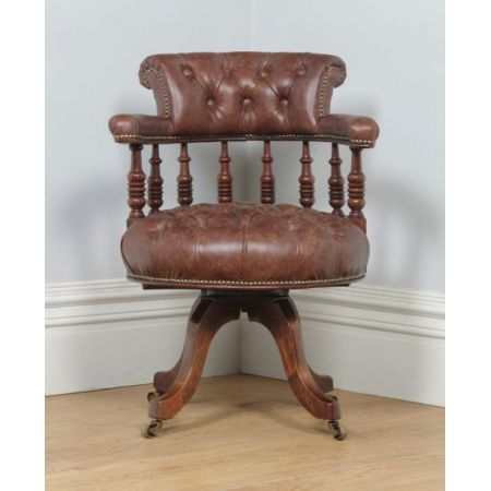 Viktorianischer antiker Nussbaum Bürostuhl Leder ca 1880
