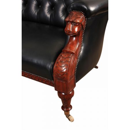 Victorian Schwarzes Leder & Mahagoni Chesterfield Sofa