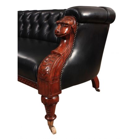 Victorian Schwarzes Leder & Mahagoni Chesterfield Sofa