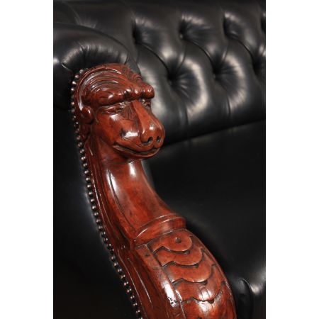 Victorian Schwarzes Leder & Mahagoni Chesterfield Sofa