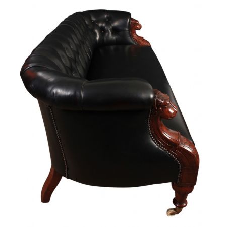 Victorian Schwarzes Leder & Mahagoni Chesterfield Sofa