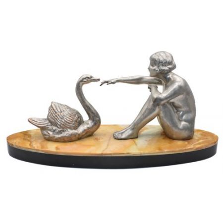 Art Deco Figur Mädchen und Schwan
