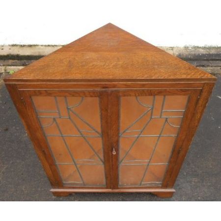 Eiche Eckvitrine Art Deco Original Massivholz mit Bleiverglasung 