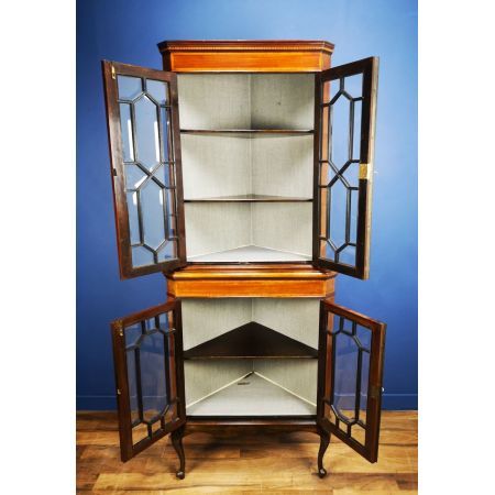 Antiker intarsierter Mahagoni Eckschrank mit Aufsatz, 1890