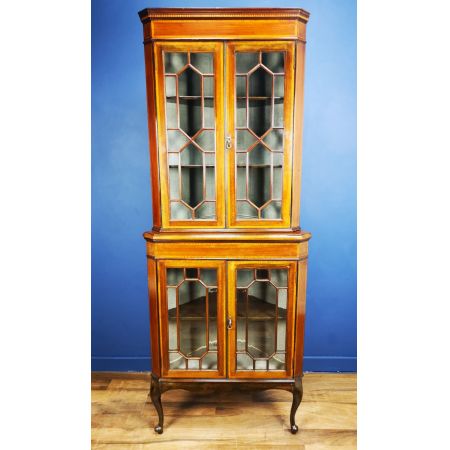 Antiker intarsierter Mahagoni Eckschrank mit Aufsatz, 1890