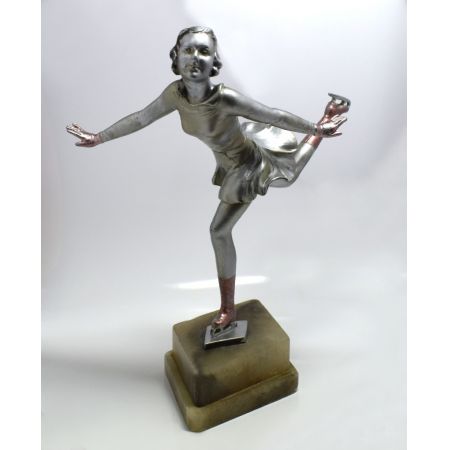 Art Deco spelter Eisläuferin Figur versilberte Emaille, Antik und Josef Lorenzl zugeschrieben, ca 1930er jahre