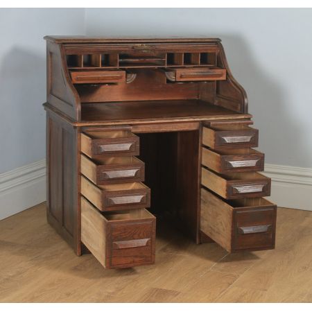 Antiker englischer Rollschreibtisch, Rollpult aus Eiche / roll top pedestal office desk, circa 1920 George V