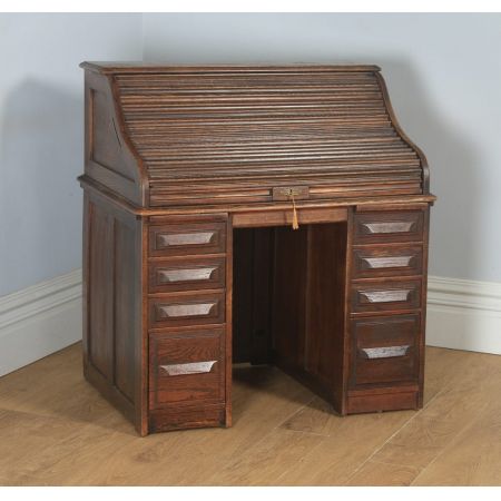 Antiker englischer Rollschreibtisch, Rollpult aus Eiche / roll top pedestal office desk, circa 1920 George V