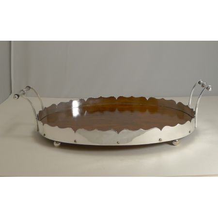 Antikes versilbertes Eichen Tablett Servierbrett englisch ca 1900 