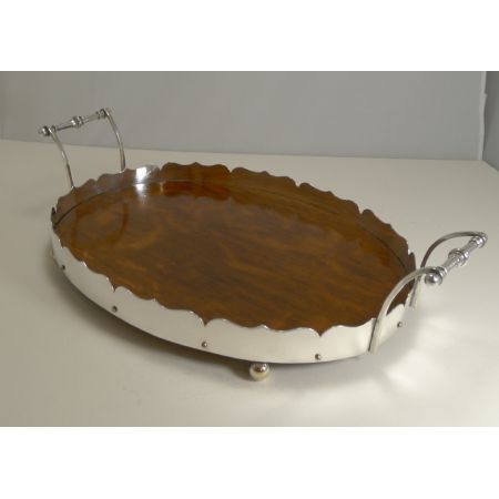 Antikes versilbertes Eichen Tablett Servierbrett englisch ca 1900 