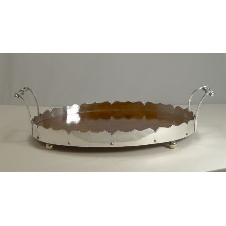 Antikes versilbertes Eichen Tablett Servierbrett englisch ca 1900 