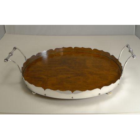 Antikes versilbertes Eichen Tablett Servierbrett englisch ca 1900 