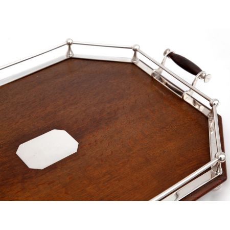 Antikes versilbertes Eichen Tablett oak and silver plated tray mit Galerie englisch ca 1900