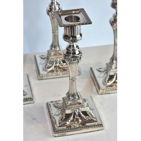 Antikes englisches seltenes 4er Set Kerzenleuchter / Candlesticks aus Sterling Silber, Hawksworth & Eyre, ca 1900