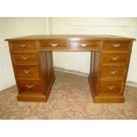 Antiker edwardianischer Pedestal Desk / Schreibtisch aus goldener Eiche, ca 1890