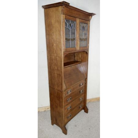 Schmaler Arts & Crafts Bücherschrank aus Eichenholz massiv 