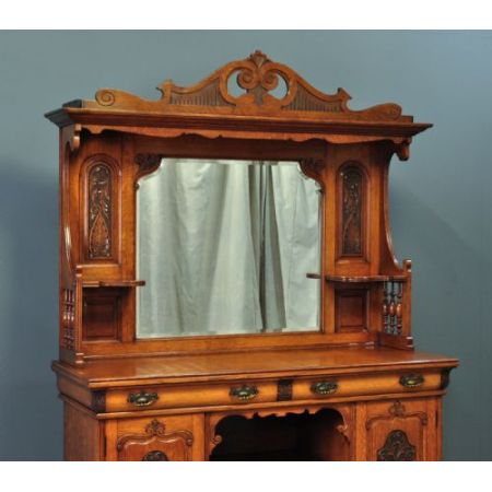 großes antikes viktorianisches stark geschnitztes Spiegel-Sideboard aus Eichenholz