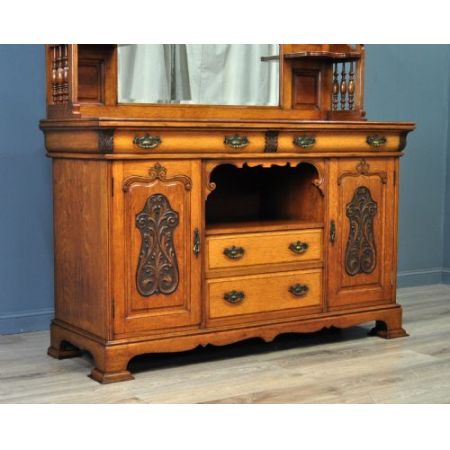 großes antikes viktorianisches stark geschnitztes Spiegel-Sideboard aus Eichenholz