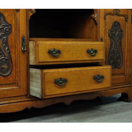 großes antikes viktorianisches stark geschnitztes Spiegel-Sideboard aus Eichenholz
