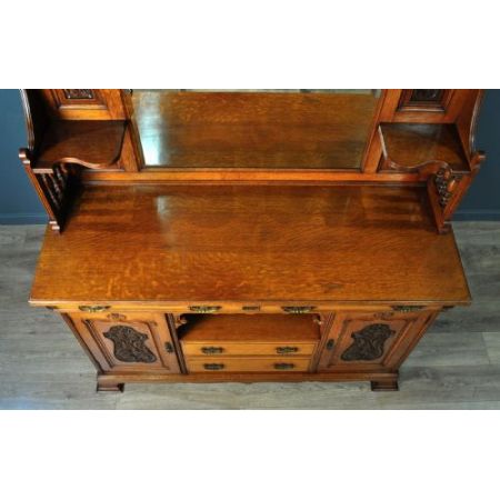 großes antikes viktorianisches stark geschnitztes Spiegel-Sideboard aus Eichenholz