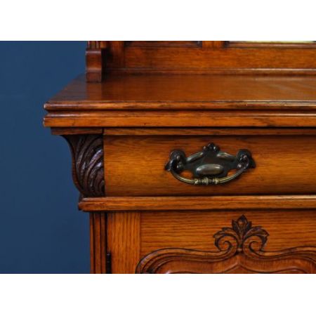 großes antikes viktorianisches stark geschnitztes Spiegel-Sideboard aus Eichenholz