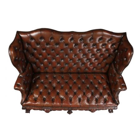 Braunes Mahagoni Chesterfield Wing Sofa Leder antik ca 1910