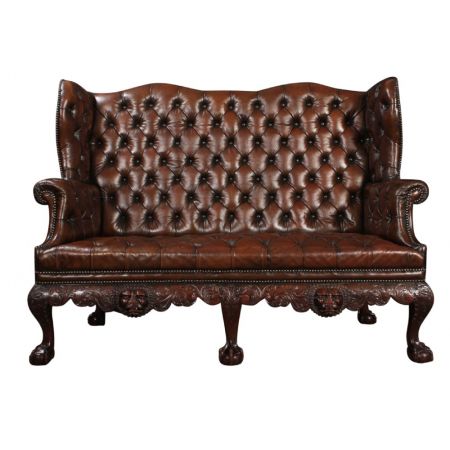 Braunes Mahagoni Chesterfield Wing Sofa Leder antik ca 1910